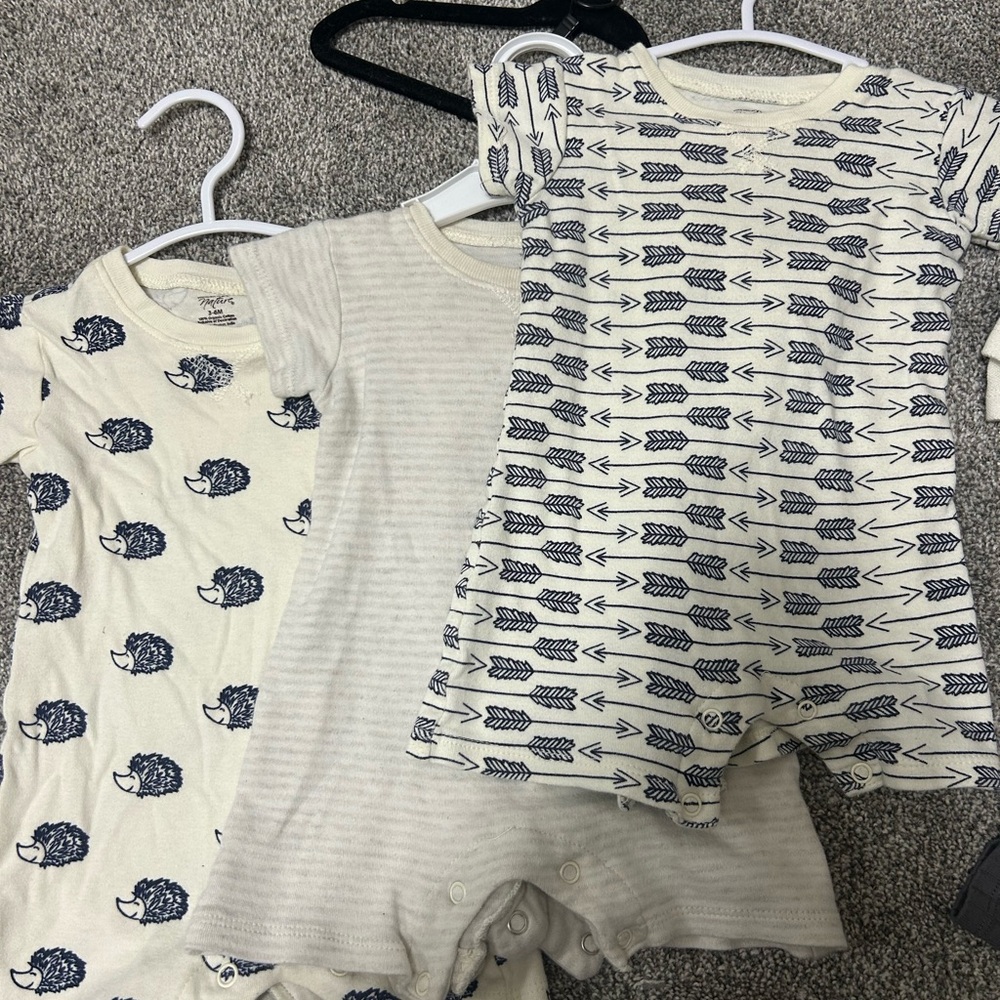 Set of Three Cream and Blue Baby Rompers